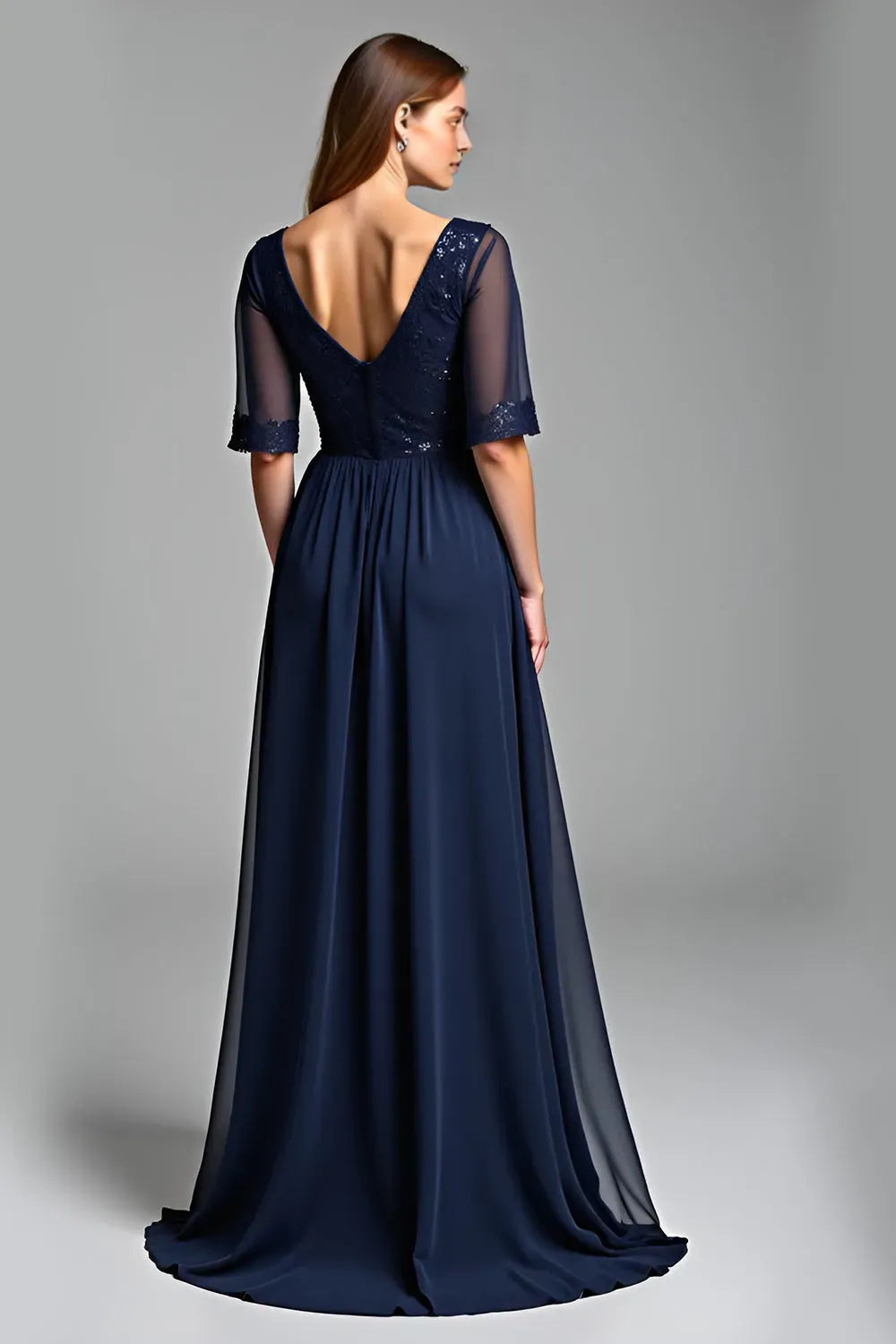Navy A Line V Neck Long Mother Of The Bride Dress
