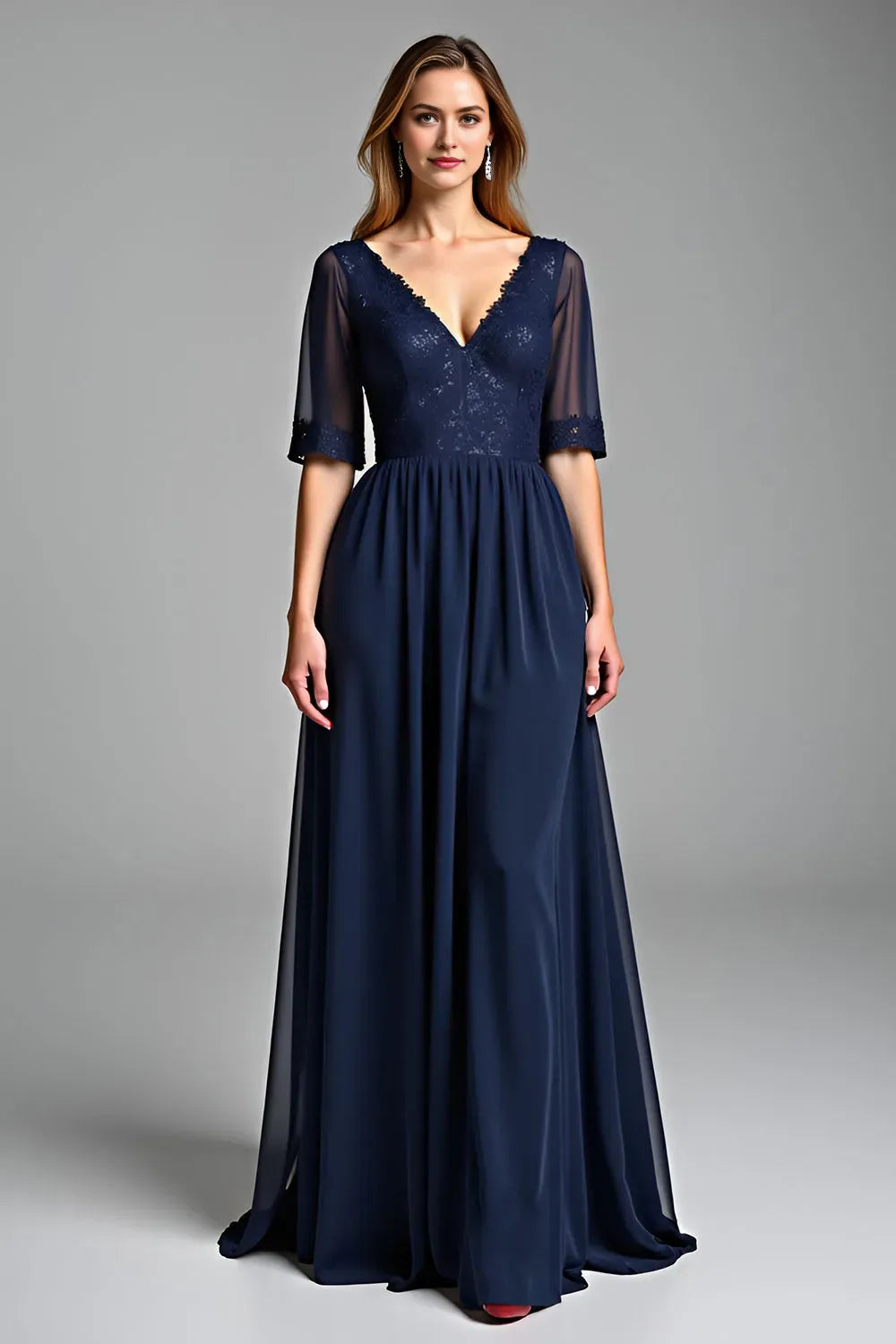 Navy A Line V Neck Long Mother Of The Bride Dress