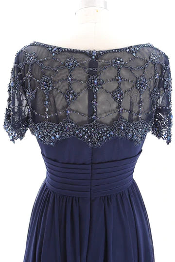 Navy Blue Chiffon Beaded Banded Waist Mother of the Bride Dress
