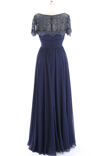 Navy Blue Chiffon Beaded Banded Waist Mother of the Bride Dress