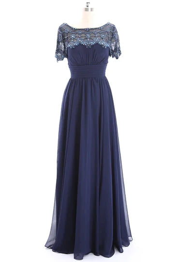 Navy Blue Chiffon Beaded Banded Waist Mother of the Bride Dress