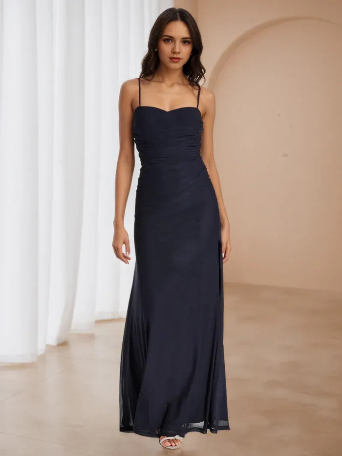Navy Blue Chiffon Prom Dress Cowl Neckline Spaghetti Straps  Side Slit for Timeless Gala Elegance