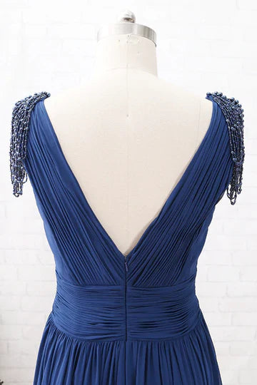 Navy Blue Chiffon V-Neck Tassel Sleeves Long Mother of the Bride Dress ﻿