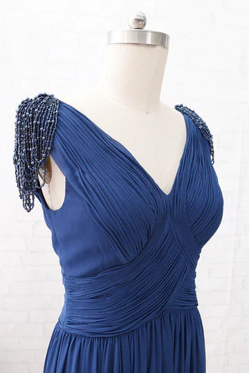 Navy Blue Chiffon V-Neck Tassel Sleeves Long Mother of the Bride Dress ﻿