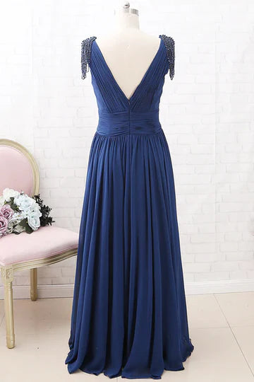 Navy Blue Chiffon V-Neck Tassel Sleeves Long Mother of the Bride Dress ﻿
