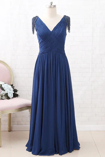 Navy Blue Chiffon V-Neck Tassel Sleeves Long Mother of the Bride Dress ﻿