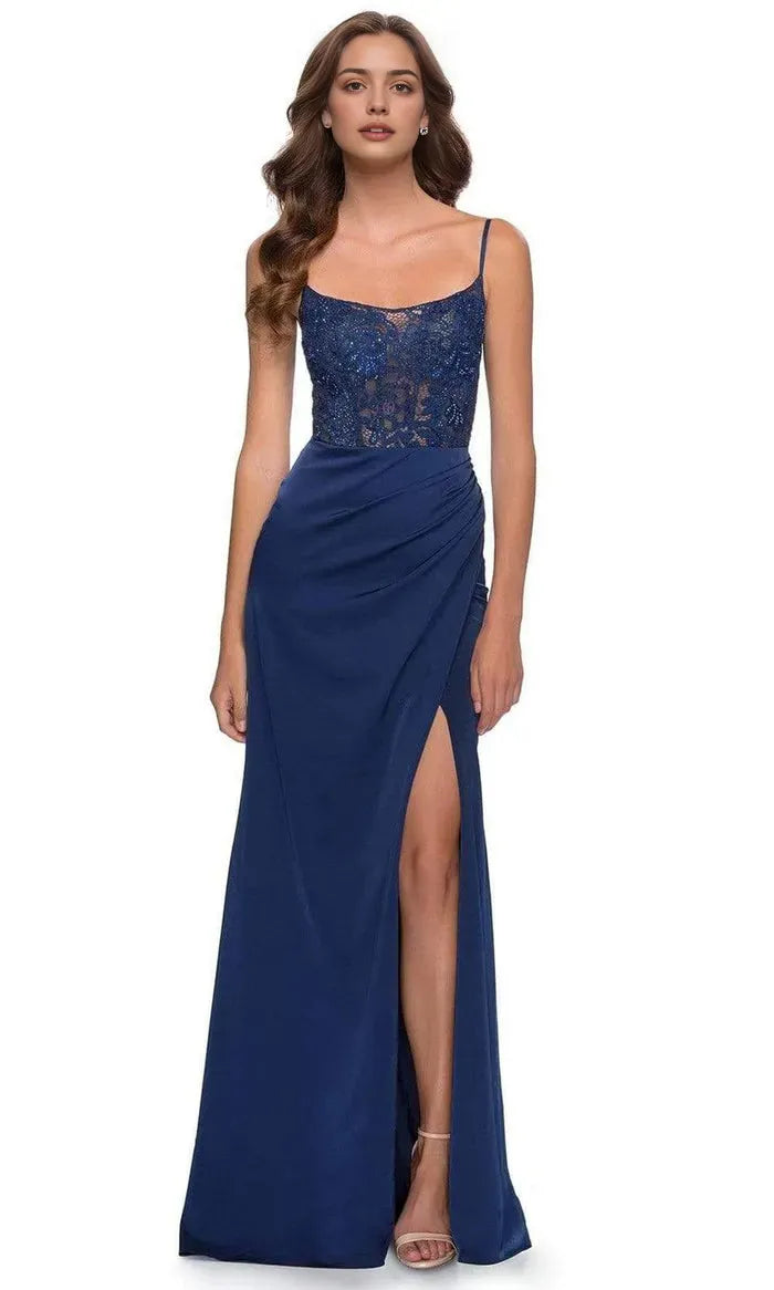 Navy Blue Evening Dress with Spaghetti Straps Sequin - Embellished Lace Bodice and High Thigh Slit for Glamorous Occasions   ﻿
