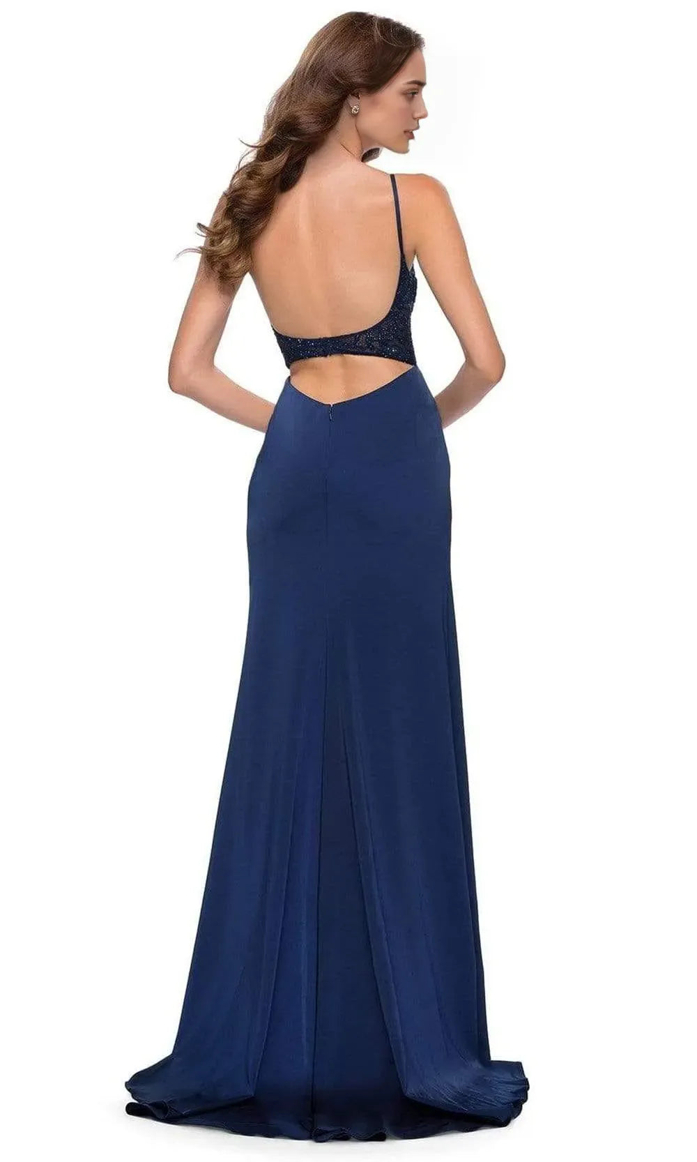 Navy Blue Evening Dress with Spaghetti Straps Sequin - Embellished Lace Bodice and High Thigh Slit for Glamorous Occasions   ﻿