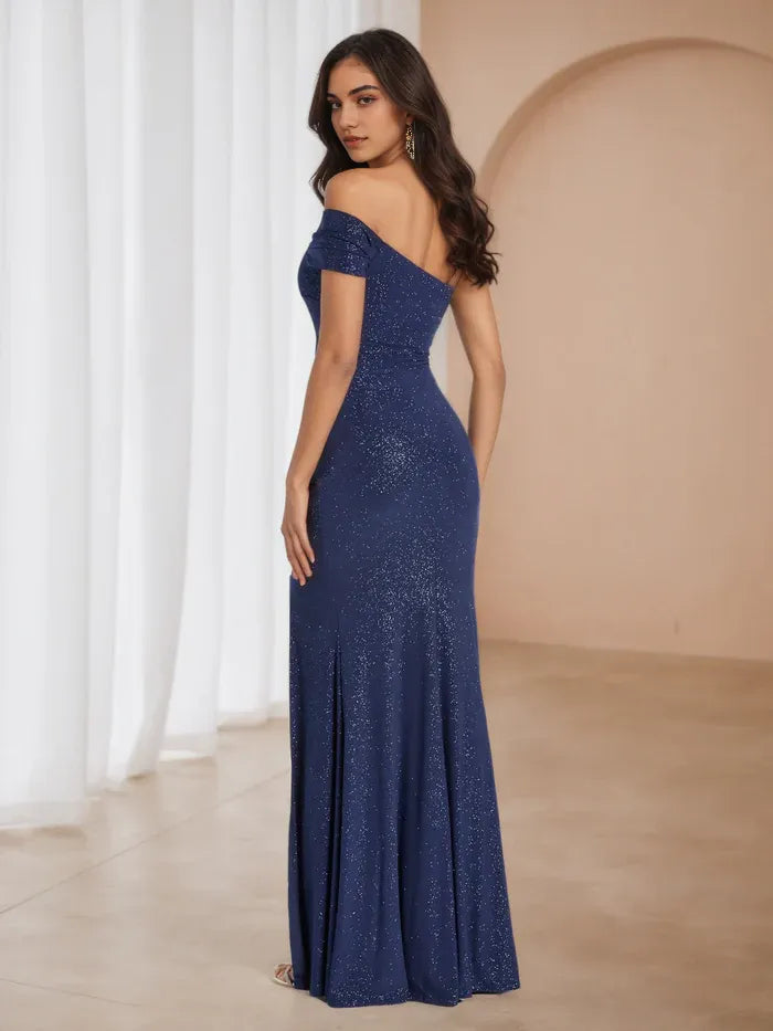 Navy Blue Glitter Prom Dress One - Shoulder Cut Side Slit Accent for Timeless Allure