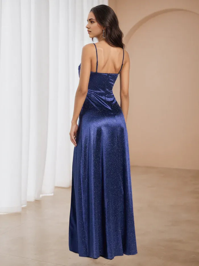 Navy Blue Glitter Satin Prom Dress with Spaghetti Straps High Slit  Sparkling Evening Gown for Formal Dances
