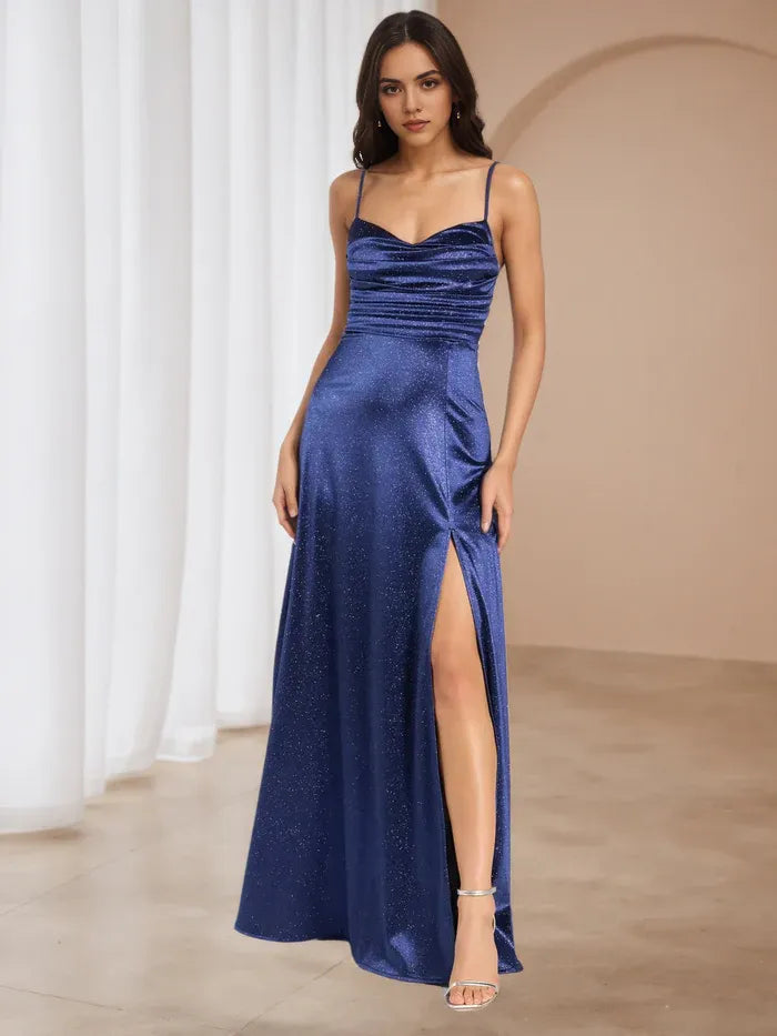 Navy Blue Glitter Satin Prom Dress with Spaghetti Straps High Slit  Sparkling Evening Gown for Formal Dances