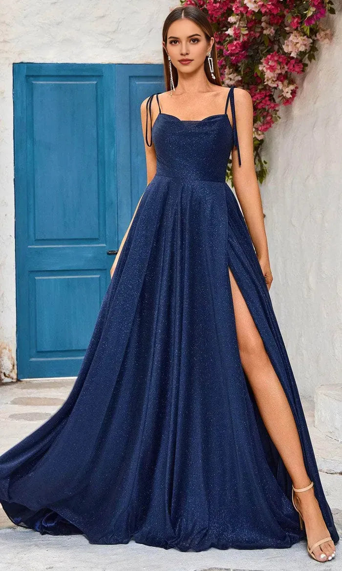 Navy Blue Glitter Tulle Evening Dresses with Spaghetti Straps Sweetheart Neckline and High Side Slit  Perfect for Proms, Galas and Formal Occasions