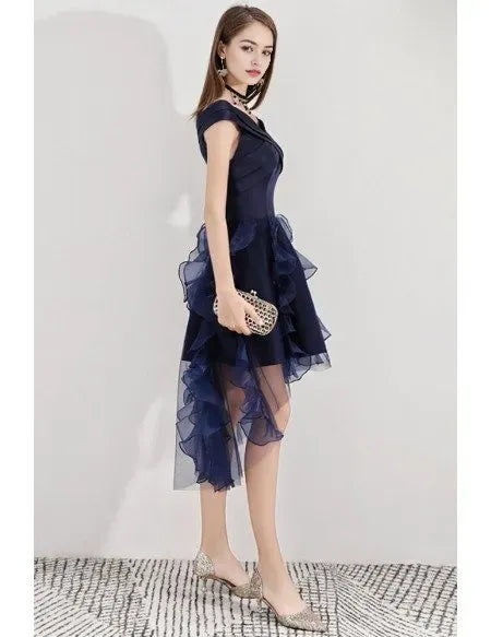 Navy Blue High Low Puffy Party Dress With Ruffles