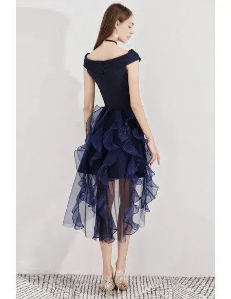 Navy Blue High Low Puffy Party Dress With Ruffles