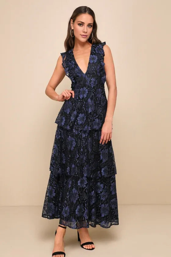 Navy Blue Lace Ruffled Tiered Sleeveless Party Dresses