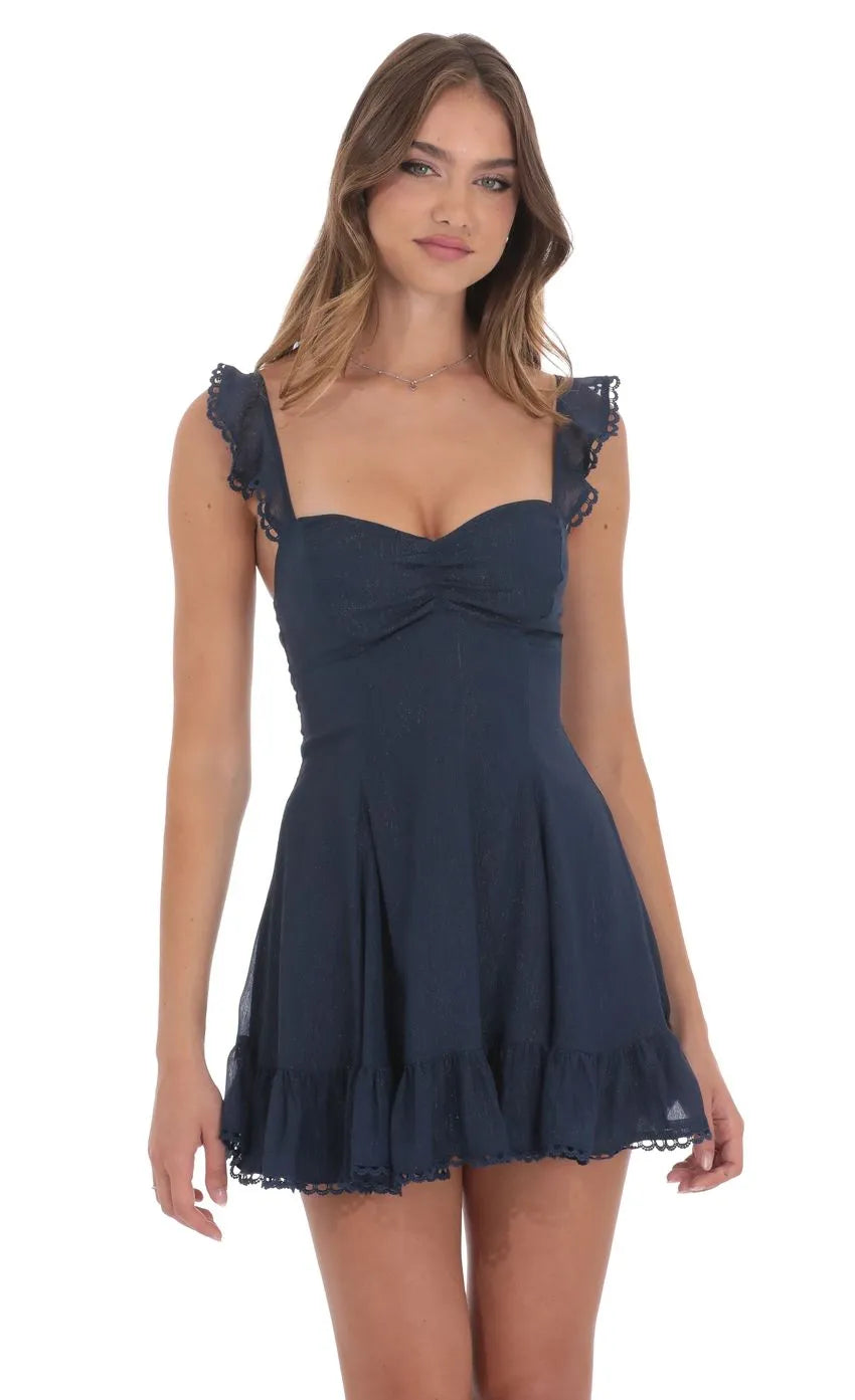 Navy Blue Linen Homecoming Dress &nbsp;Ruffled Lace Straps Sweetheart Neckline Flared Hem Perfect for Timelessly Chic School Dances Romantic Reunion Memories