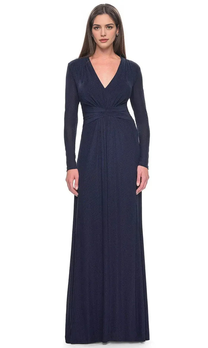 Navy Blue Long  Sleeve Evening Dress with Deep V - Neckline Waist Cinching Twist Detail and Flowy Maxi Skirt for Elegant Occasions