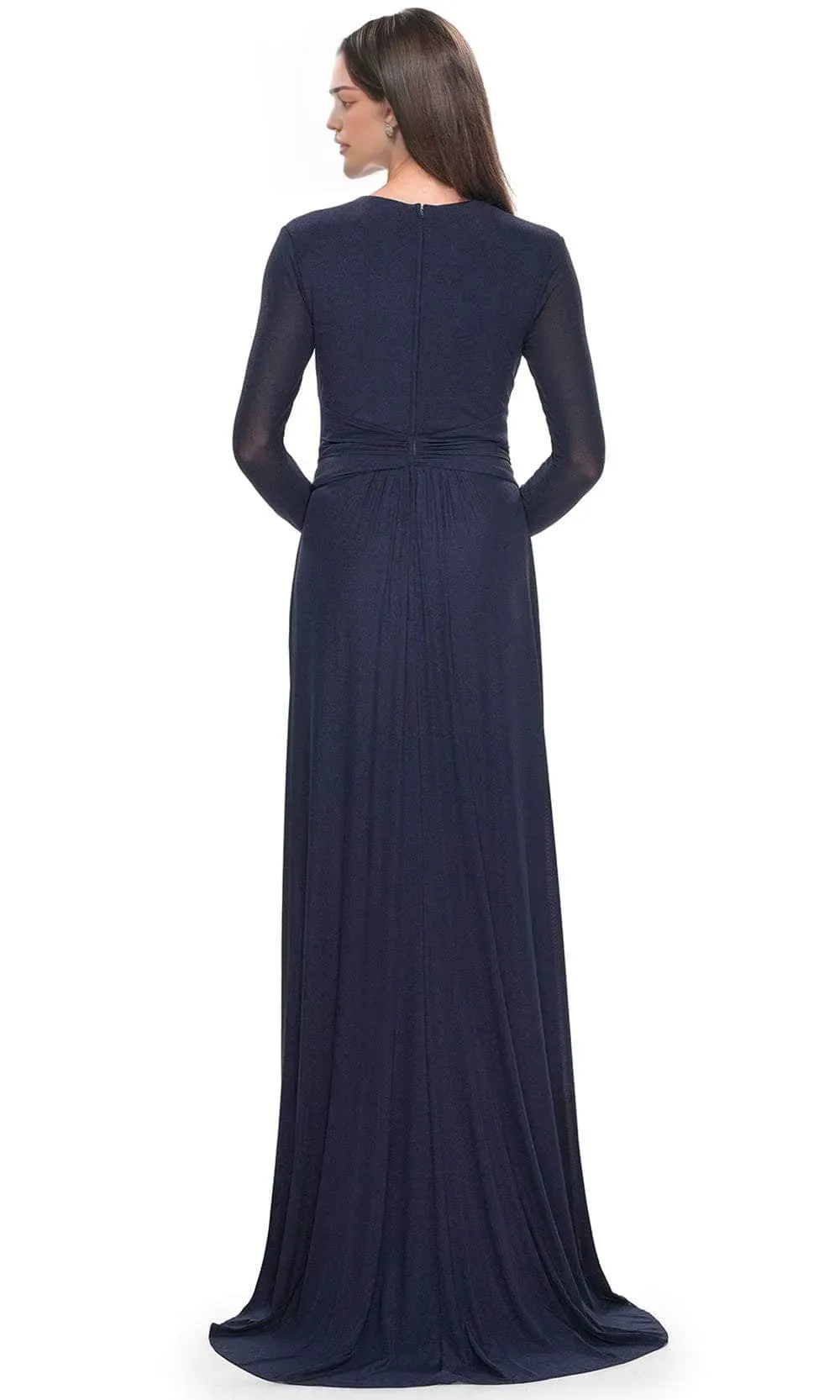 Navy Blue Long  Sleeve Evening Dress with Deep V - Neckline Waist Cinching Twist Detail and Flowy Maxi Skirt for Elegant Occasions