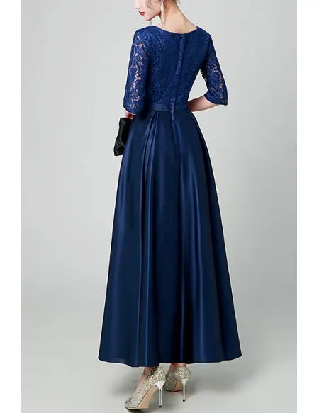 Navy Blue Maxi Satin Pleated Party Dress With Square Neckline ?