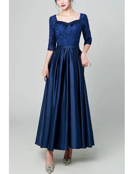 Navy Blue Maxi Satin Pleated Party Dress With Square Neckline ?