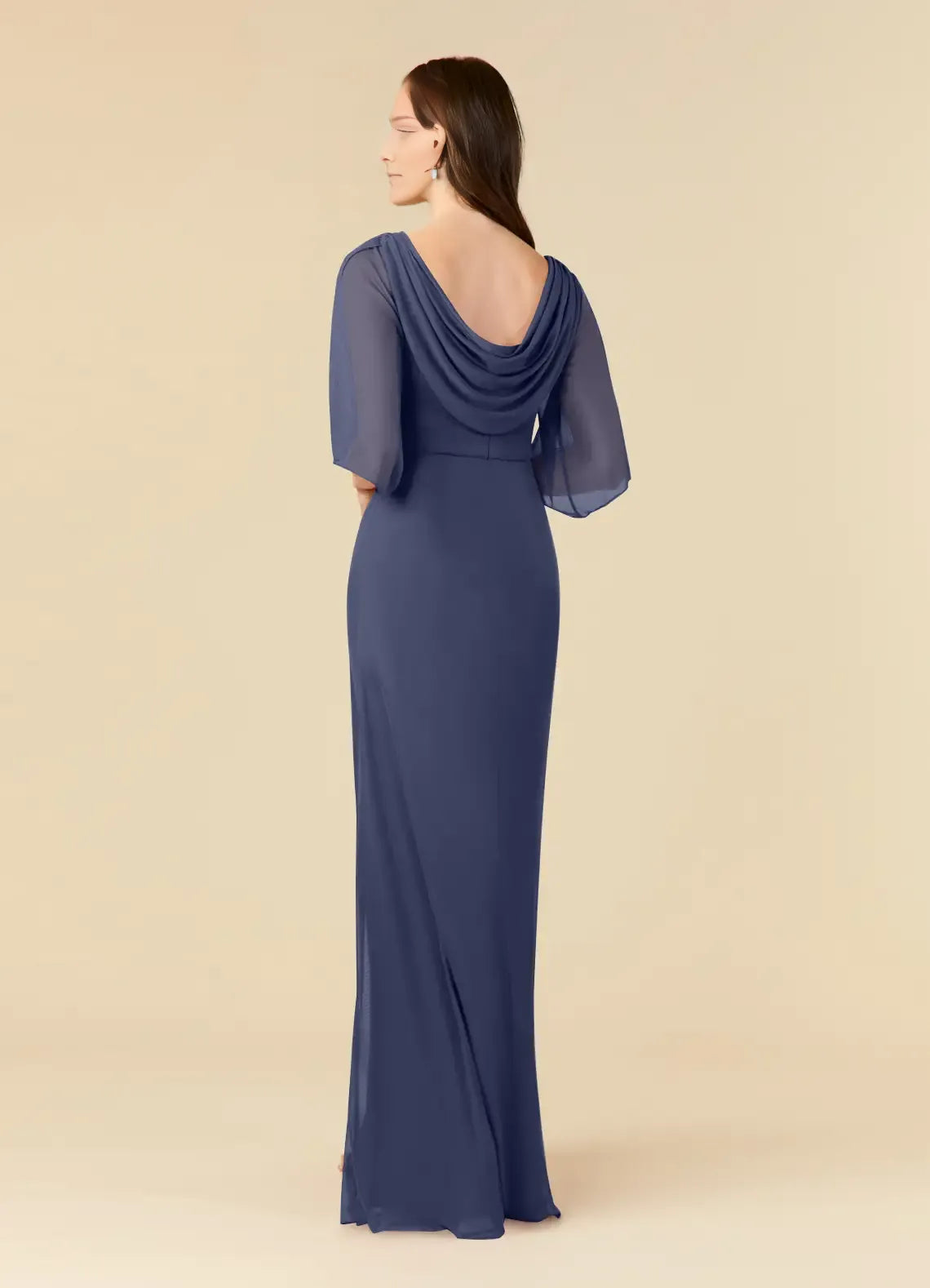 Navy Blue Mother of the Bride Dress with Sheer Flutter Sleeves Ruched Bodice Floral Beaded Embellishments and Mermaid Silhouette
