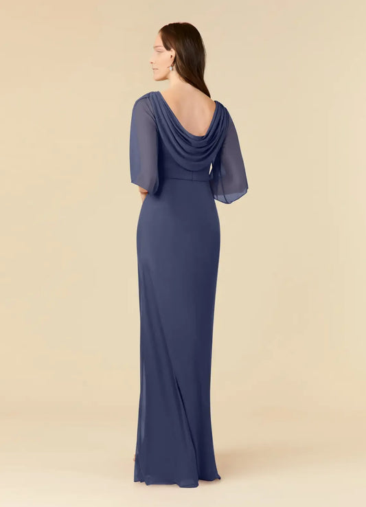 Navy Blue Mother of the Bride Dress with Sheer Flutter Sleeves Ruched Bodice Floral Beaded Embellishments and Mermaid Silhouette