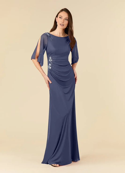 Navy Blue Mother of the Bride Dress with Sheer Flutter Sleeves Ruched Bodice Floral Beaded Embellishments and Mermaid Silhouette