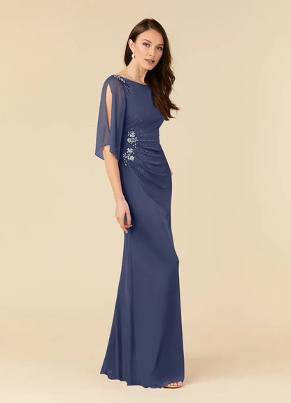 Navy Blue Mother of the Bride Dress with Sheer Flutter Sleeves Ruched Bodice Floral Beaded Embellishments and Mermaid Silhouette
