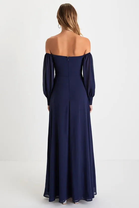 Navy Blue Off - Shoulder Prom Dress with Sheer Long Sleeves High  Thigh Side Slit  Flowy Chiffon Skirt  Perfect for Formal Galas