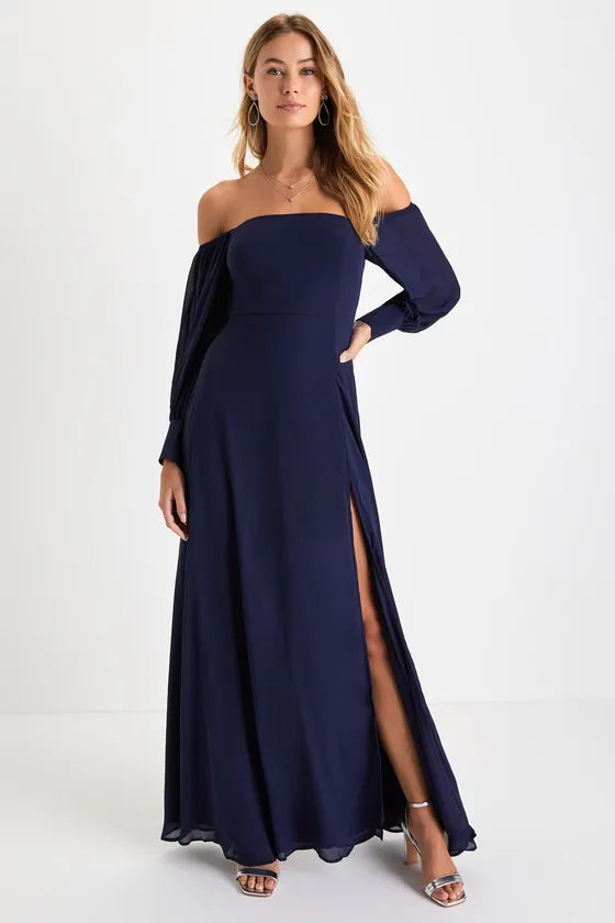Navy Blue Off - Shoulder Prom Dress with Sheer Long Sleeves High  Thigh Side Slit  Flowy Chiffon Skirt  Perfect for Formal Galas