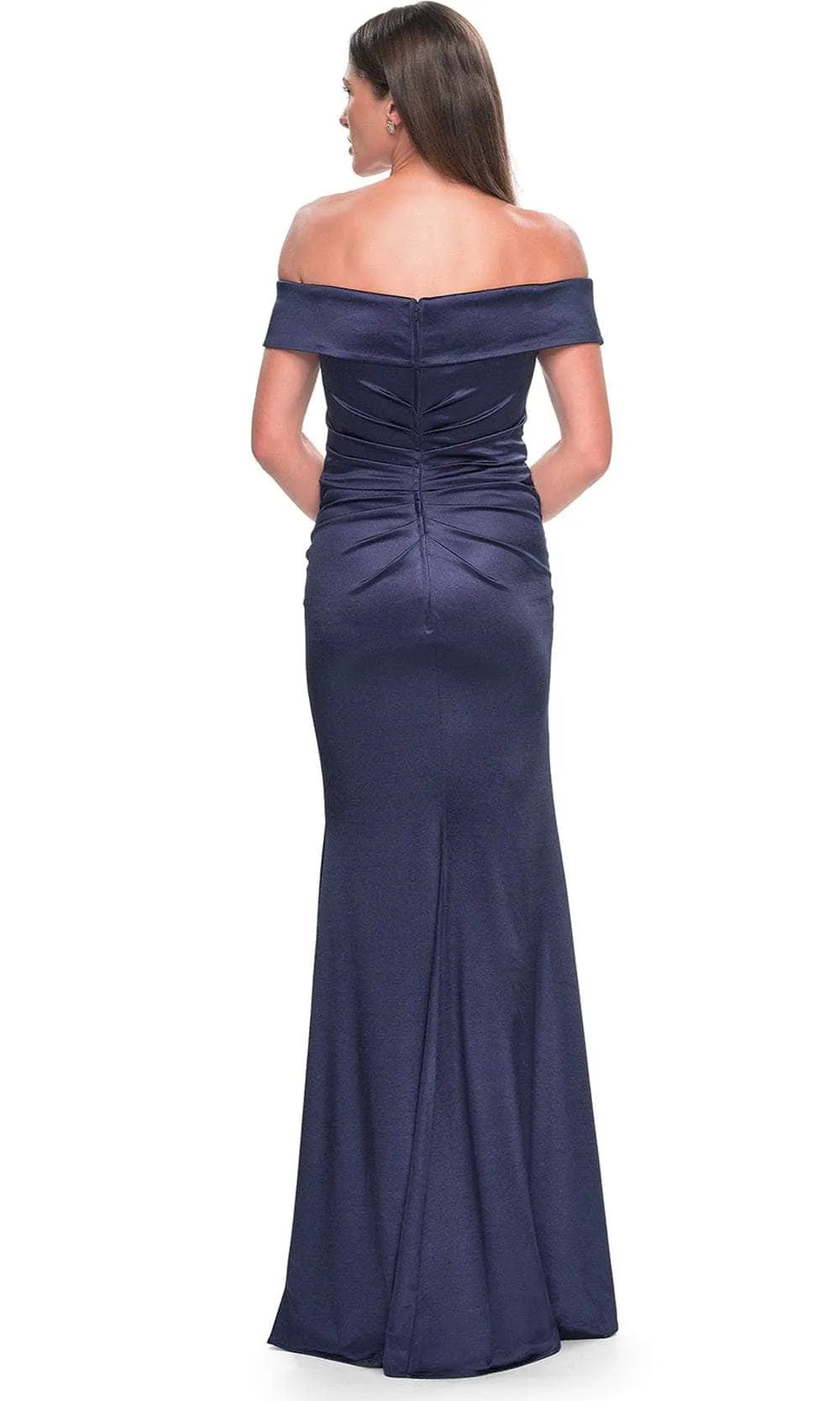 Navy Blue Off - Shoulder Satin Evening Gown with Cross Draped Bodice and Mermaid Silhouette for Formal Occasions