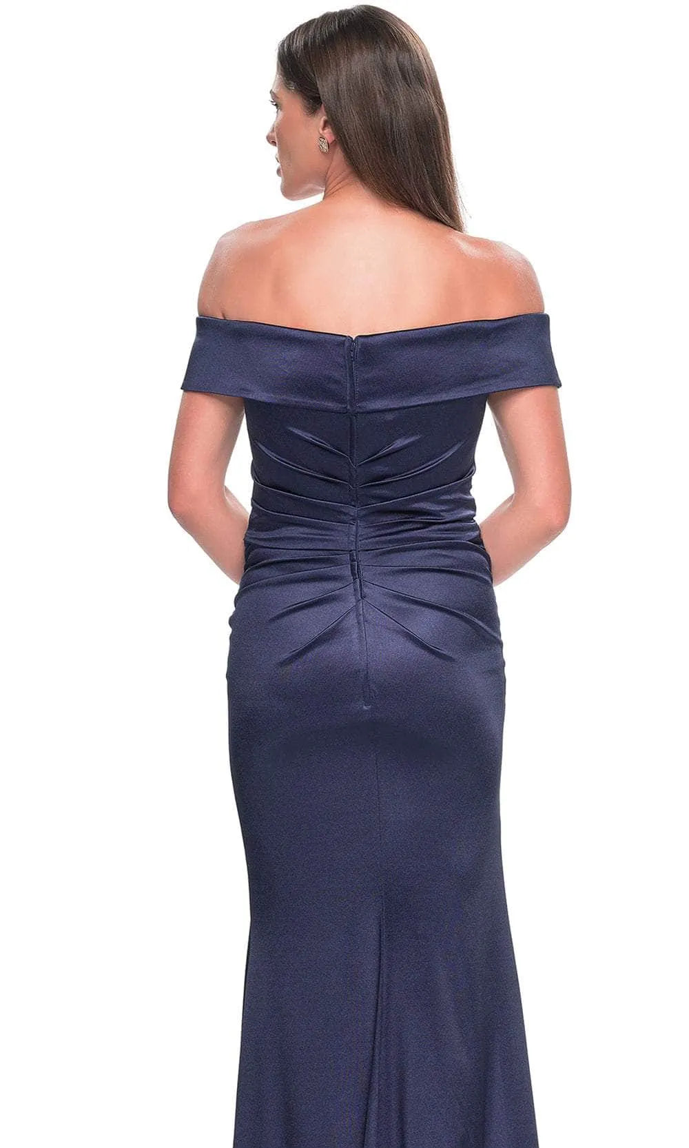 Navy Blue Off - Shoulder Satin Evening Gown with Cross Draped Bodice and Mermaid Silhouette for Formal Occasions