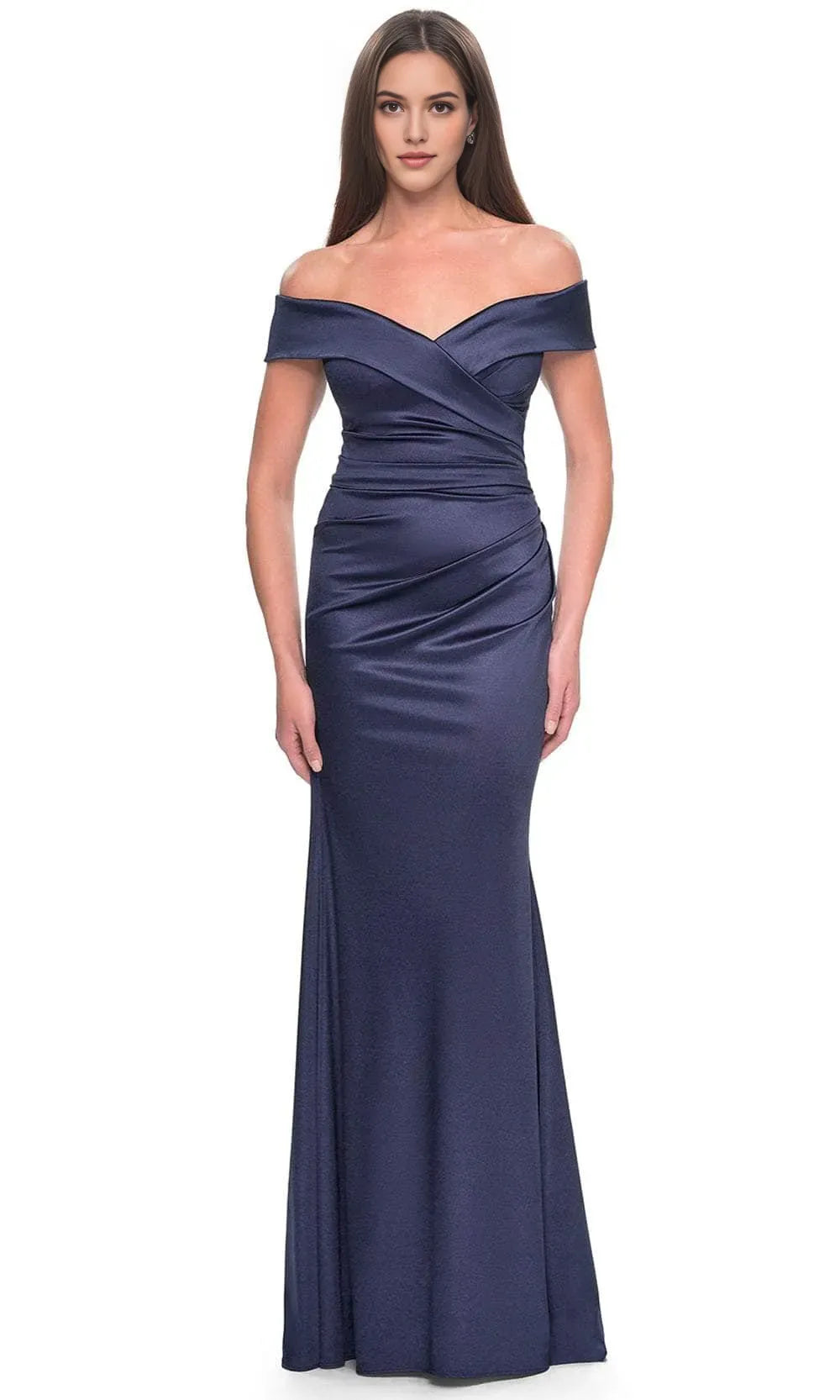 Navy Blue Off - Shoulder Satin Evening Gown with Cross Draped Bodice and Mermaid Silhouette for Formal Occasions
