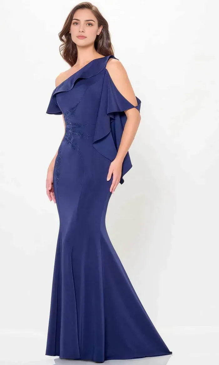 Navy Blue One - Shoulder Evening Gown with Asymmetric Ruffle Detail Beaded Embellishments and Mermaid Silhouette for Glamorous Occasions