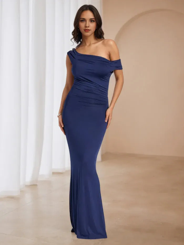 Navy Blue One - Shoulder Prom Dress Ruched Detailing Mermaid Fit for Timeless Gala Elegance