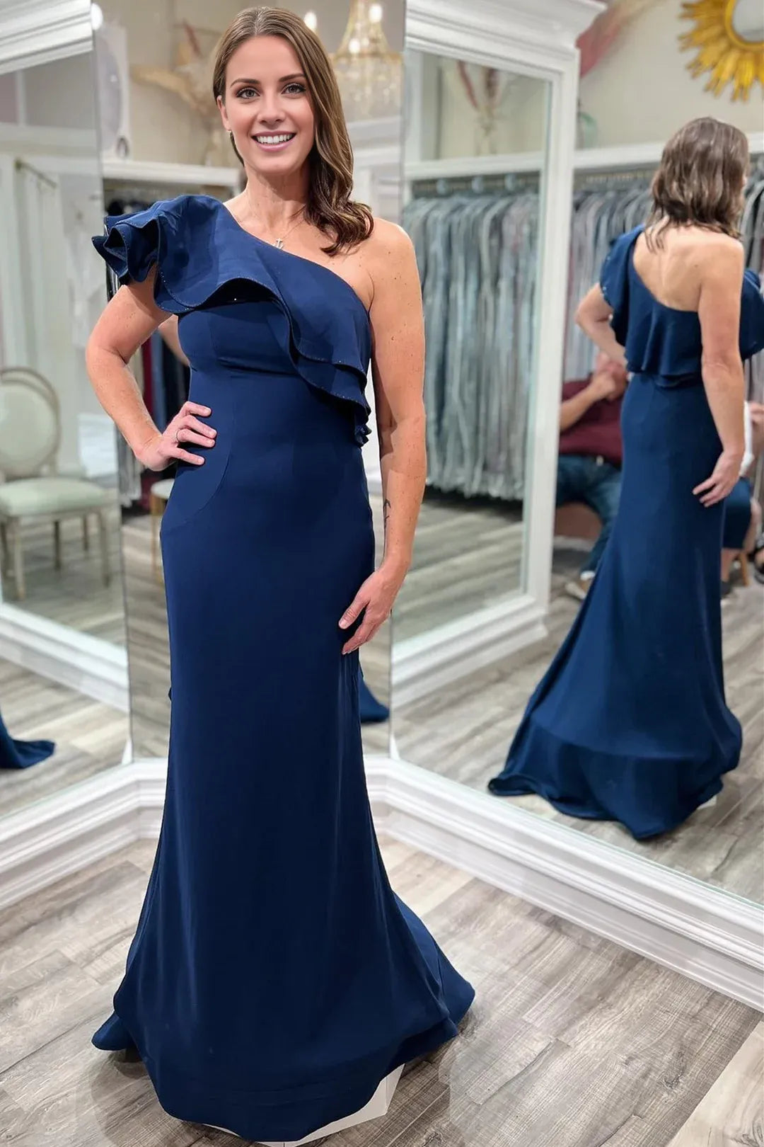 Navy Blue One-Shoulder Ruffle Mermaid Mother of the Bride Dresses