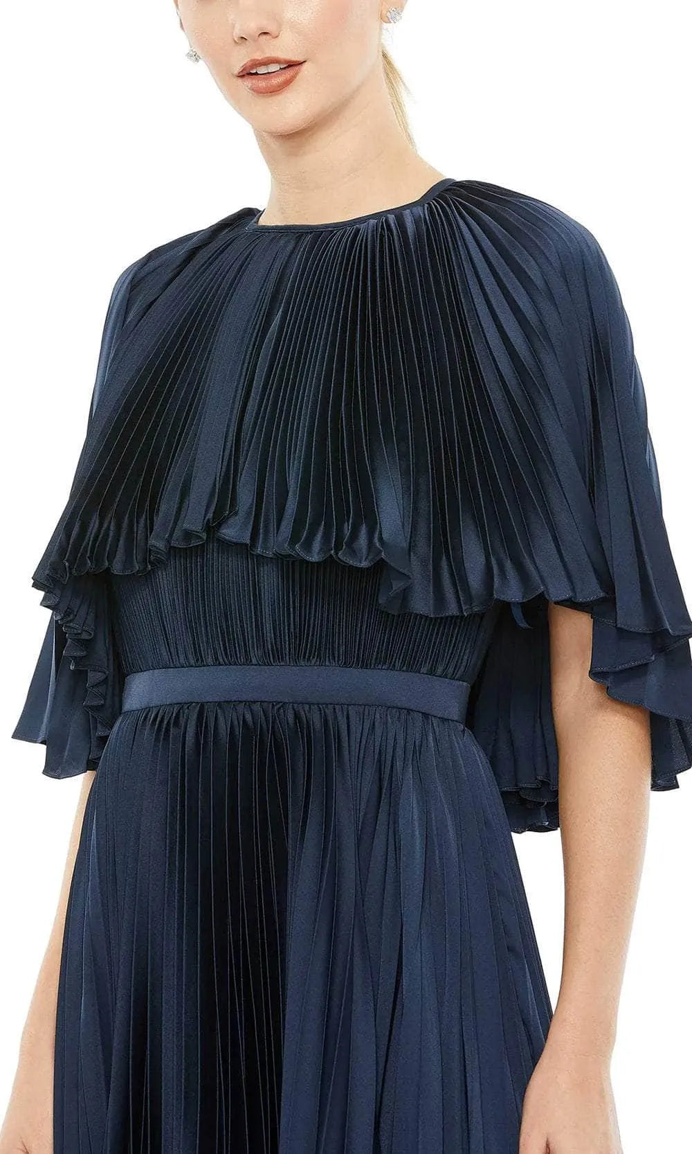 Navy Blue Pleated Evening Dresses with Cape Style Overlay Smocked Bodice Waistband Detailing, and Floor Length A - Line Silhouette for Formal Galas and Sophisticated Occasions