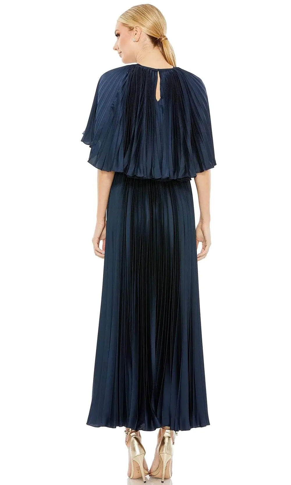 Navy Blue Pleated Evening Dresses with Cape Style Overlay Smocked Bodice Waistband Detailing, and Floor Length A - Line Silhouette for Formal Galas and Sophisticated Occasions