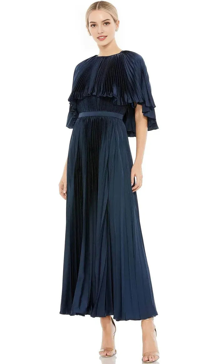 Navy Blue Pleated Evening Dresses with Cape Style Overlay Smocked Bodice Waistband Detailing, and Floor Length A - Line Silhouette for Formal Galas and Sophisticated Occasions
