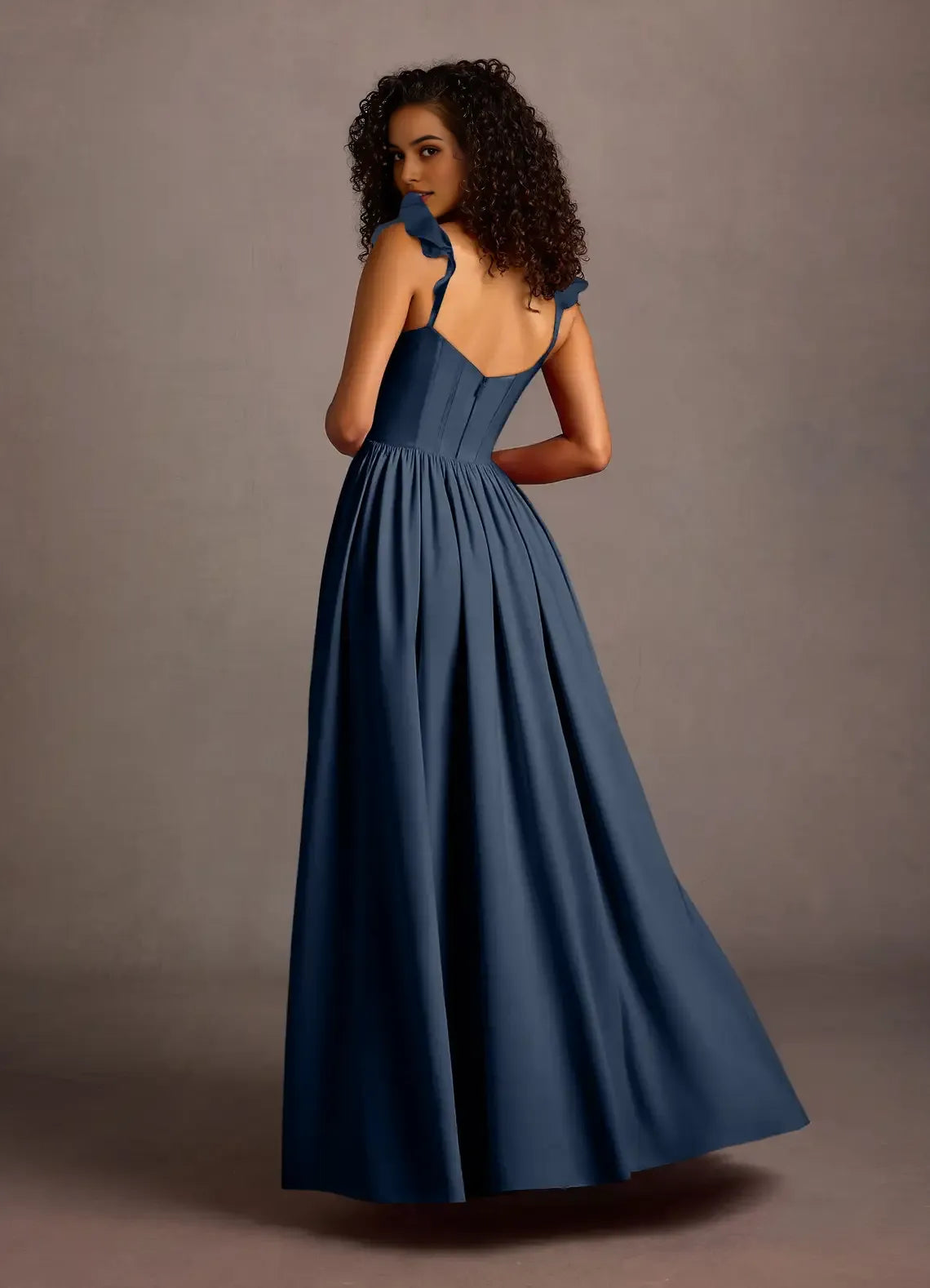 Navy Blue Prom Dress with Sweetheart Neckline Ruffled Straps Corset Bodice and High Slit for Formal Occasions