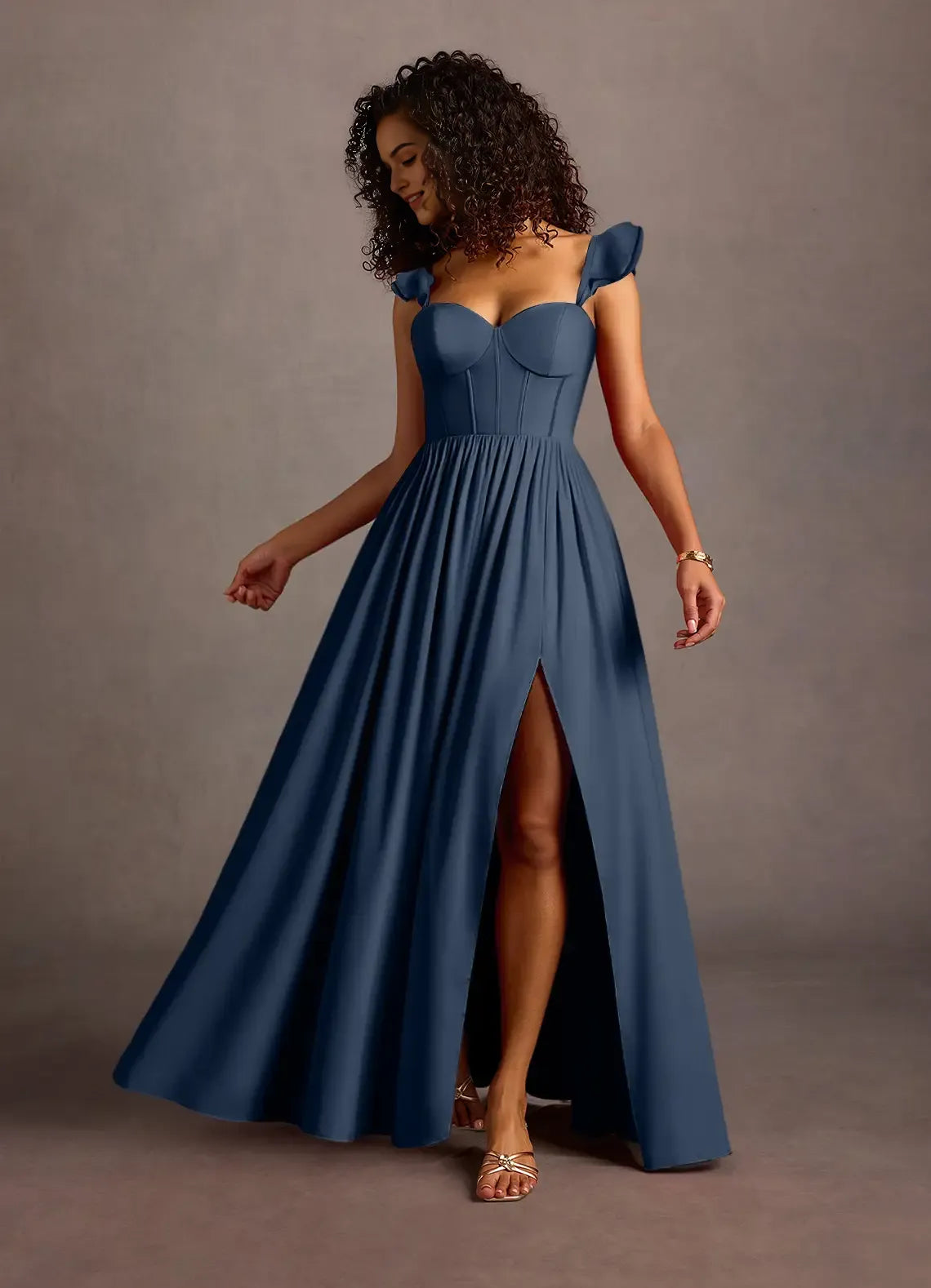 Navy Blue Prom Dress with Sweetheart Neckline Ruffled Straps Corset Bodice and High Slit for Formal Occasions