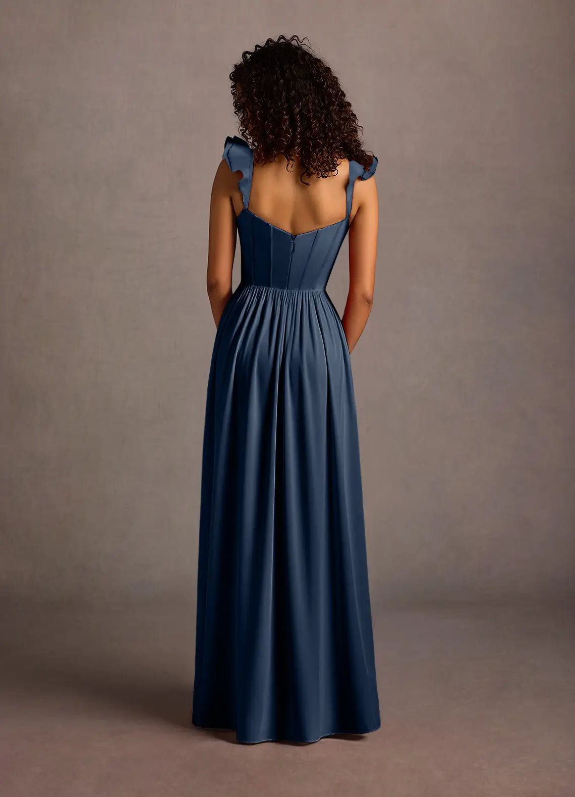 Navy Blue Prom Dress with Sweetheart Neckline Ruffled Straps Corset Bodice and High Slit for Formal Occasions