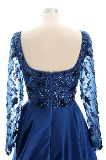 Navy Blue Satin Beaded Square High-Low Mother of the Bride Dress