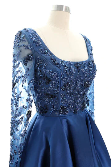 Navy Blue Satin Beaded Square High-Low Mother of the Bride Dress