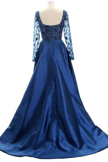 Navy Blue Satin Beaded Square High-Low Mother of the Bride Dress