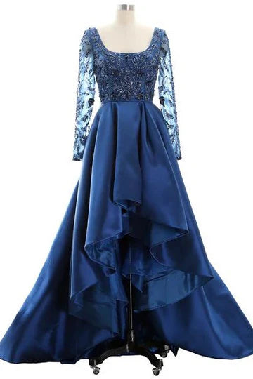 Navy Blue Satin Beaded Square High-Low Mother of the Bride Dress