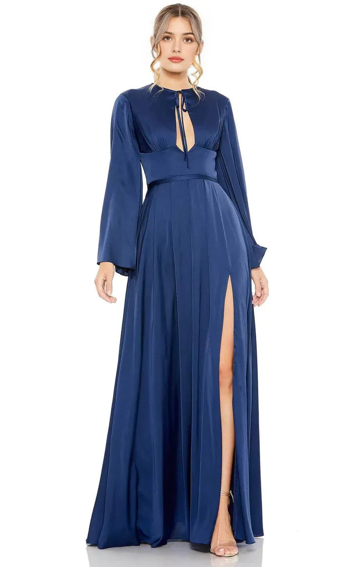 Navy Blue Satin Evening Dress with Keyhole Neckline Bell Sleeves Waist Belt and High Thigh Slit for Glamorous Occasions