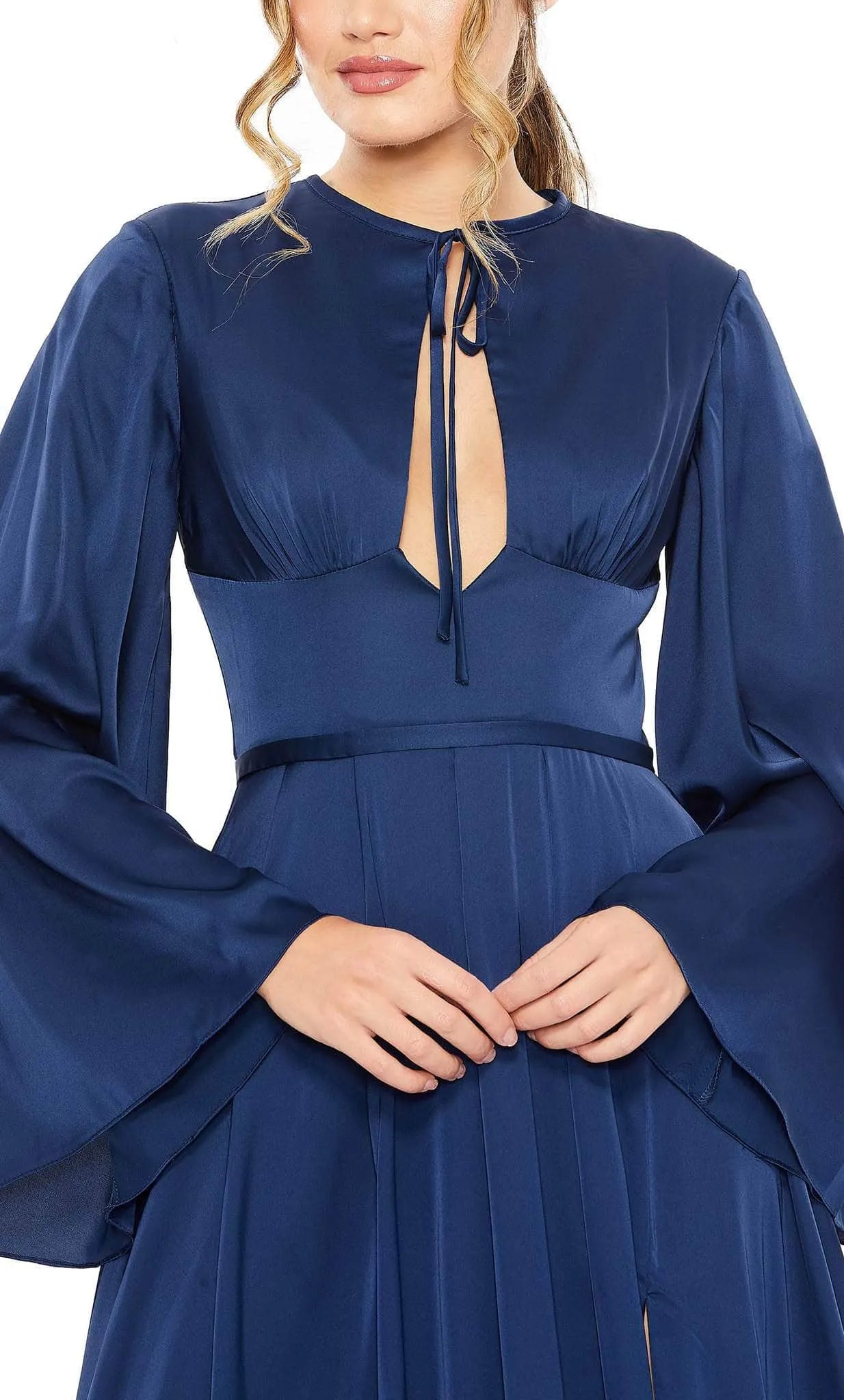 Navy Blue Satin Evening Dress with Keyhole Neckline Bell Sleeves Waist Belt and High Thigh Slit for Glamorous Occasions