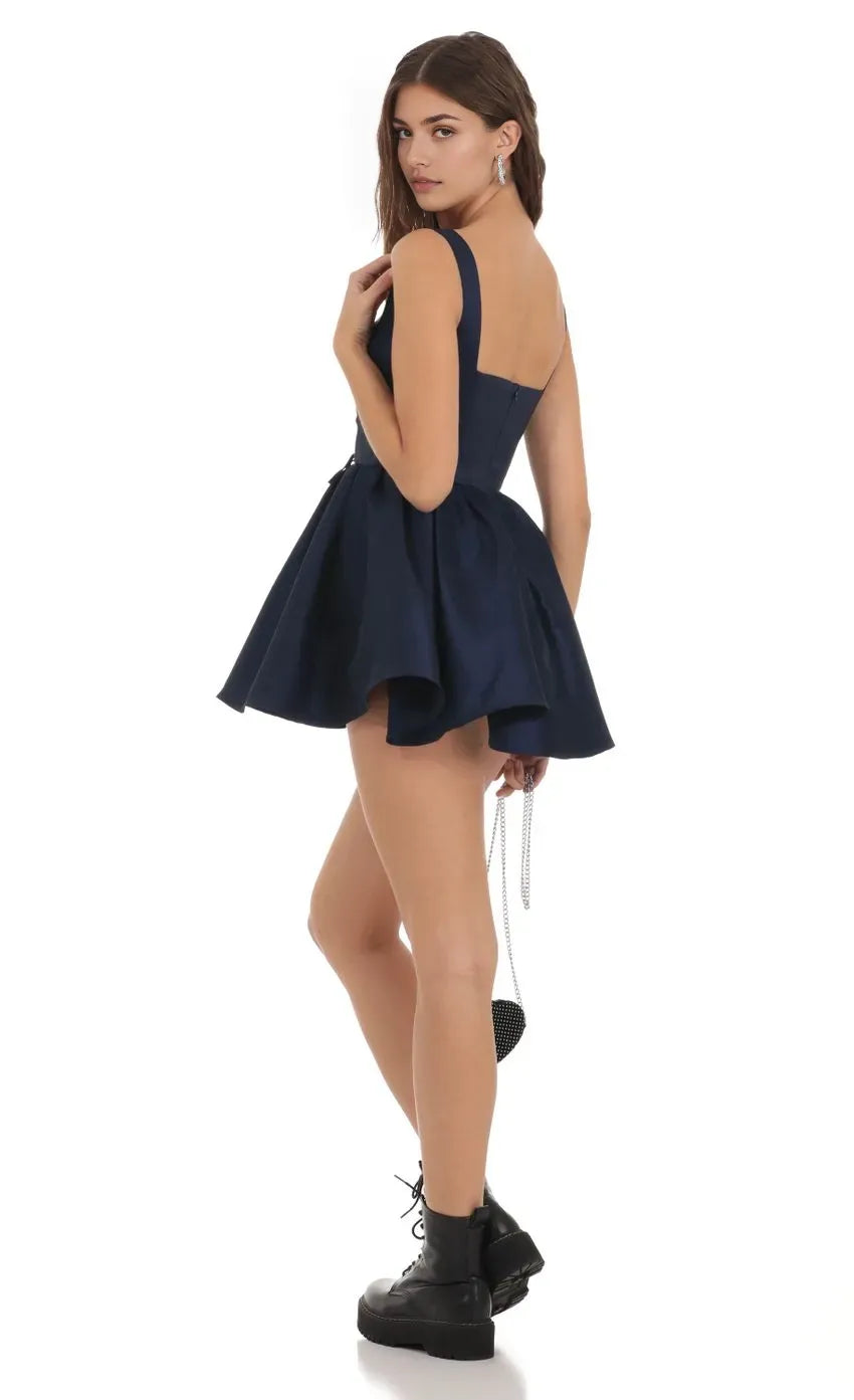 Navy Blue Satin Homecoming Dress with Sweetheart Neckline Lace Trim Corset Style Lacing and Flared Skirt