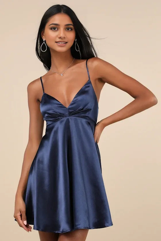 Navy Blue Satin Skater Homecoming Dresses